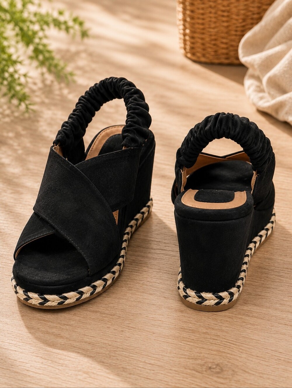 Joie Garden Platform Boho Espadrille Wedge Sandal Black Suede Jute 3" Heels 8.5